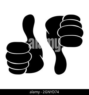 Thumb up and down silhouette icon. Black shape symbol of OK or not OK expression. LIKE or DISLIKE - social media reaction. Vector design isolated on white background. Stock Vector