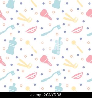 Dental care, Orthodontics Seamless Pattern with Line Icons. Dentist, Medical Equipment, Braces, Tooth Prosthesis, Floss, Caries Treatment, Toothpaste. Stock Vector