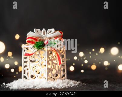Christmas decoration on dark defocused lights background. Copy space. Stock Photo
