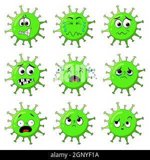 Coronavirus character showing worry and afraid expression. Cartoon set of stressed virus mascot with different face emotion like nervous, confused. Vector illustration isolated on white background. Stock Vector