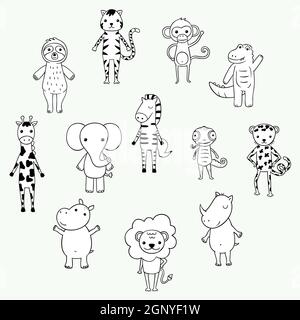 Cute jungle and safari animals. Hand drawn cartoon zoo characters. Elephant, lion, sloth, monkey, zebra, giraffe. Black and white. Stock Photo