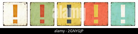 Five vintage tin signs on a white background - Exclamation mark Stock Photo