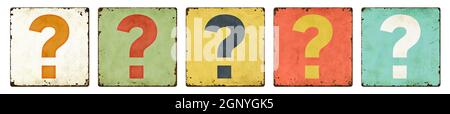 Five vintage tin signs on a white background - Question mark Stock Photo