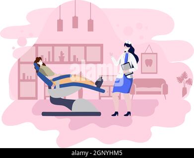 Dental Office Flat Color Illustration. Hospital interior with Workplace, Equipment, Instruments, Consultation, Treatment and Diagnosis Stock Vector