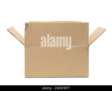 open cardboard rectangular box made of corrugated brown paper isolated on a white background Stock Photo