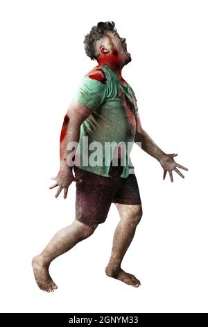 Scary zombie with blood and wound on his body standing isolated over white background Stock Photo