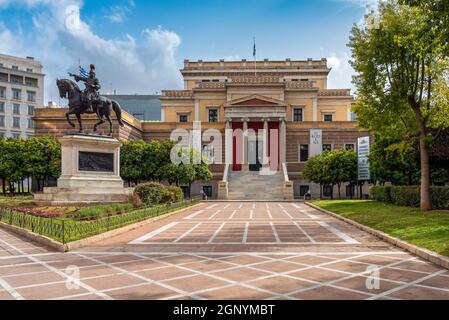 The Old Parliament House neoclassical building in Athens city, Greece. It now houses the National Historical Museum. Statue of Theodoros Kolokotronis Stock Photo