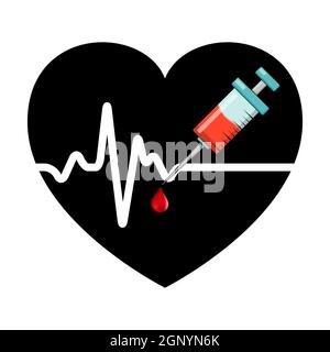 Heartbeat and vaccine with blood drop. black heart shape with syringe in it. Vector icon isolated on white background. Concept of vaccination or blood donation. Stock Vector