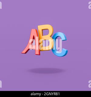 Colorful ABC Funny Text Shape on Flat Purple Background with Shadow 3D Illustration, Education Concept Stock Photo