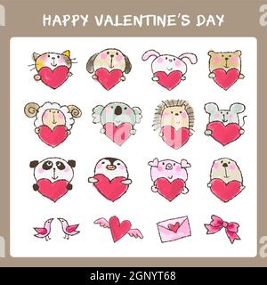 Hand drawn valentine's day cute animals and hearts set Stock Vector