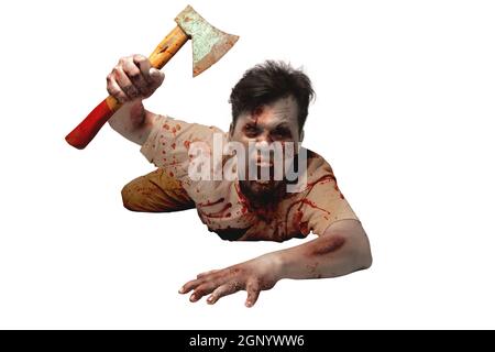 Scary zombie with blood and wound on his body holding ax crawling isolated over white background Stock Photo