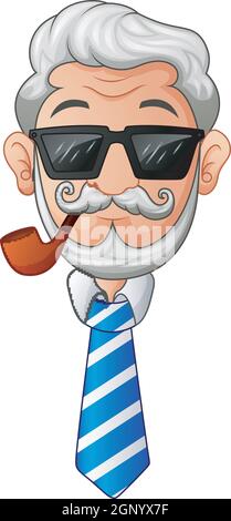 Old man in necktie and glasses with the beard and moustache and a smoking pipe Stock Vector