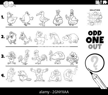 odd one out animal character picture coloring book page Stock Vector