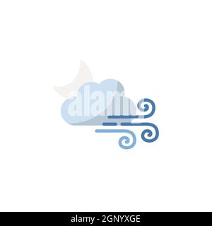 Strong wind, moon and cloud. Isolated icon on black and white ...