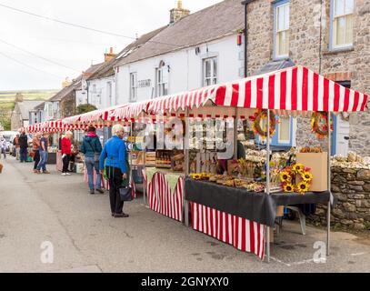 Stalls on market day in Market Street (Heol Y Farchnad) in Newport, Pembrokeshire, Wales. UK Stock Photo