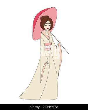 Beautiful japanese geisha girl in kimono - doodle illustration Stock Photo