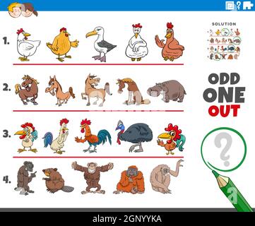 odd one out picture game with animal characters Stock Vector