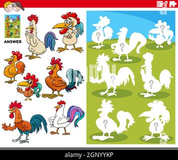 matching shapes game with cartoon rooster characters Stock Vector