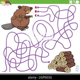 educational maze game with cartoon beaver and wood logs Stock Vector