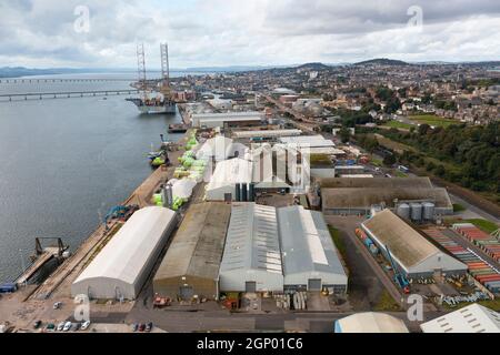 Dundee, Scotland, UK. 28th September 2021. Aerial view of Port of Dundee in Tayside. This is one possible location of one of the new Freeports proposed by the UK Government. Freeports are designed to encourage economic growth by exempting goods arriving in them from tax and customs charges. The SNP led Scottish Government are opposed to Freeports and propose their own version called Greenports.  Iain Masterton/Alamy Live News. Stock Photo