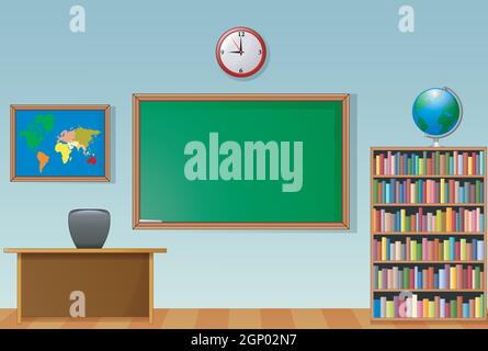 School classroom interior with chalkboard and teacher desk Stock Vector