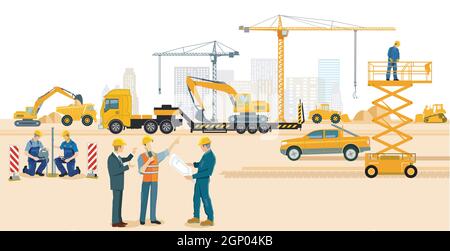 Construction site with excavator, architect and heavy truck Stock Vector