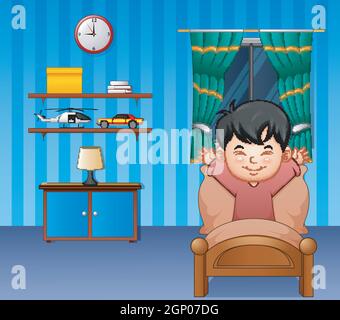 Cartoon little boy waking up in a bed Stock Vector