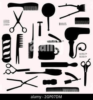 Barber Shop. Vintage Beauty salon. Hairdresser Tools. Scissors, comb, brush, razor, pole. Black Silhouette. Stock Photo