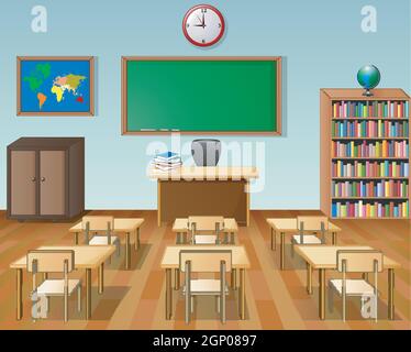 School classroom interior with chalkboard and desk Stock Vector