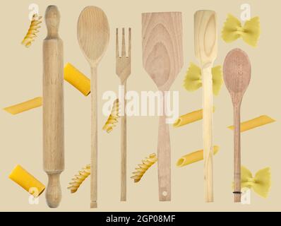 rolling pin fork spoon ladles for food use made of wood Stock Photo