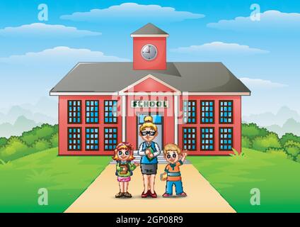 A students and teacher in front of school building Stock Vector