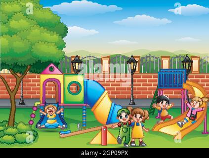 Happy children playing in the school playground Stock Vector