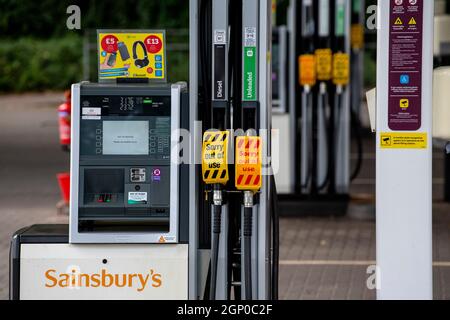 A Sainsbury's petrol station in Bath, Somerset that has run out of fuel as the fuel crisis continues across the United Kingdom. Stock Photo