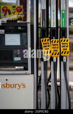 A Sainsbury's petrol station in Bath, Somerset that has run out of fuel as the fuel crisis continues across the United Kingdom. Stock Photo