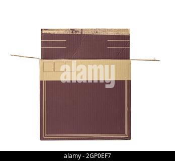 open cardboard rectangular box made of corrugated brown paper isolated on a white background, wine box Stock Photo
