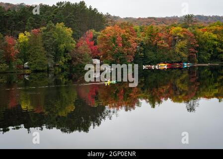 A solitary kayaker paddles across glassy Oxtongue Lake with red maple fall colour behind him and reflected on the water. Stock Photo