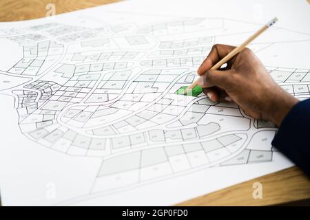 Land Map And Urban Building Project Plan Or Plot Stock Photo