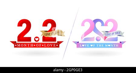 2.2 sale, 2.2 online sale, Month Of Love Sale gradient red with golden ribbon and pink purple with silver ribbon for poster or flyer design, social media banner, online shop promotion, web banner. Stock Vector