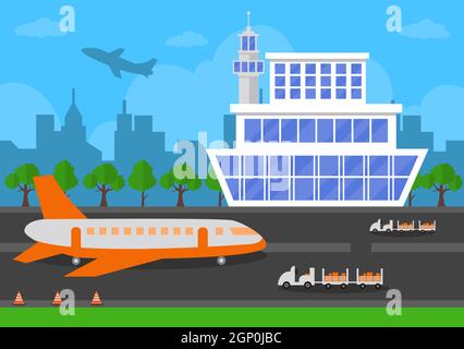 Airport Terminal building with infographic aircraft taking off and Different transport types elements templates Vector illustration Stock Vector