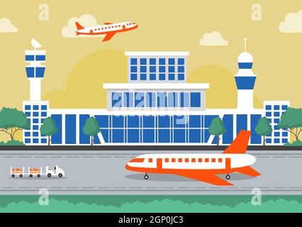 Airport Terminal building with infographic aircraft taking off and Different transport types elements templates Vector illustration Stock Vector