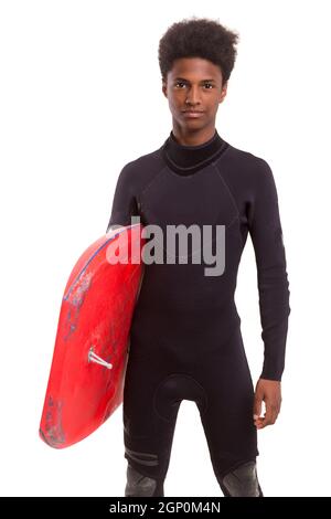 A young black bodyboarder posing in studio Stock Photo