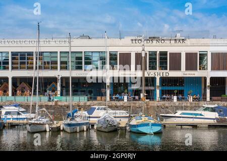 Bristol Harbourside, view in summer of leisure boats moored along Bordeaux Quay in the popular Harbourside area of Bristol, England, UK Stock Photo