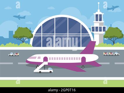 Airport Terminal building with infographic aircraft taking off and Different transport types elements templates Vector illustration Stock Vector