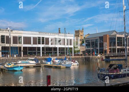 Bristol harbour, view in summer of leisure boats moored along Bordeaux Quay in the popular Harbourside area of Bristol, England, UK Stock Photo