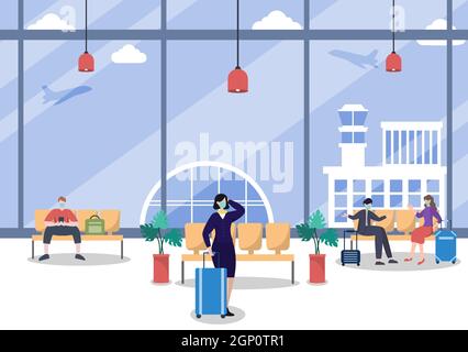 New norma, Vector illustration People in Masks Sitting in Airport Interior Terminal, Business Travel Concept. Flat design. Stock Vector