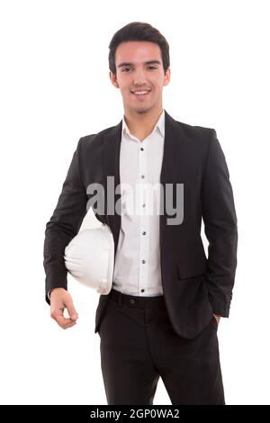 Handsome young engineer posing isolated over white background Stock Photo