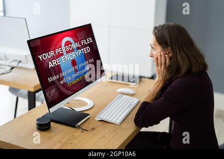 Ransomware Cyber Attack Hacker Text. Security Breach Stock Photo