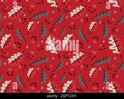 Autumn seamless pattern. Red and grey leaves background design. Flat colorful vector illustration Stock Vector