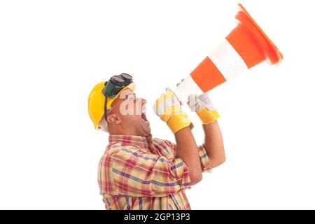 Construction worker screaming, isolated on white Stock Photo