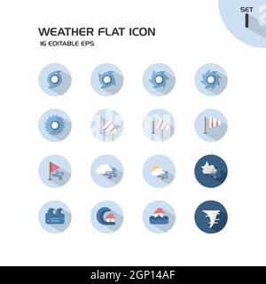 Weather and meteorology group. Wind, sea and natural disasters. Isolated icon set in a circle. Flat vector illustration Stock Vector